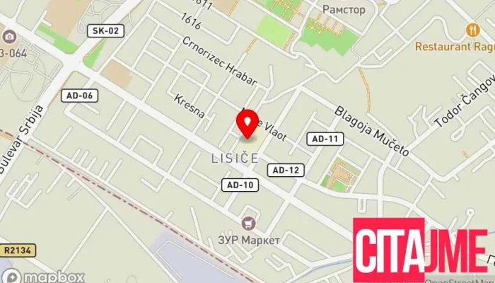 мапа на Пошта - Скопје 21 (Населба Лисиче) Пошта во Скопје