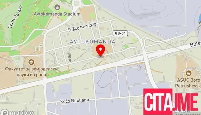 мапа на Пошта на Северна Македонија - Автокоманда Пошта во Скопје